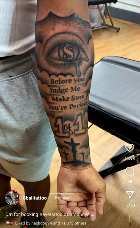 Good Forearm Tattoos, Picture Tattoos Men, Male Quote Tattoos, Men Tattoos Half Sleeve, Nice Tattoo For Men Arm, Shoulder Name Tattoo Men, My Family’s Keeper Tattoo Ideas, Hear No Evil See No Evil Tattoo Boondocks, Male Forearm Tattoo Ideas Half Sleeves