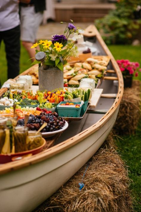 A Beautiful Buffet for 80, Thanks to a Canoe — Party of the Day Wedding Food Bars, Outdoor Buffet, Graduation Party Foods, Prairie Chic, Sandwich Bar, Wedding Buffet, Food Displays, Buffet Food, Food Display