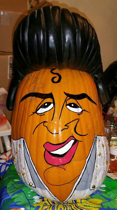 Elvis Pumpkin " Thank you very much" Painted Pumpkins Halloween Scary, Coraline Pumpkin Painting, Pumpkin Painting Ideas Funny, Funny Pumpkin Painting, Pumpkin Contest Ideas No Carve, Creative Pumpkin Decorating Contest, Funny Pumpkin Painting Ideas, Pumpkin Painting Ideas Scary, Scary Pumpkin Painting