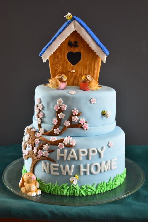 Happy New Home Cake - my first attempt at a fondant-covered cake (a lot of room for improvement haha) Cakes For House Warming Party, House Warming Cake Design, House Warming Cakes Designs, House Blessing Cake, House Blessing Cake Design, New Home Cake Designs, New Home Cake Ideas, New House Cake Ideas, Housewarming Cake Ideas