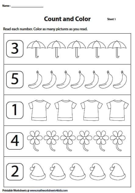 Count And Match 1-5 Worksheets, Color Practice Worksheet, Count And Color Worksheets Preschool, Counting 1-5 Worksheets Free Printable, Counting Activities Preschool Worksheets, Count And Color Worksheets Free, Numbers Worksheets Kindergarten, Numbers Worksheets For Kids, Kindergarten Math Worksheets Counting