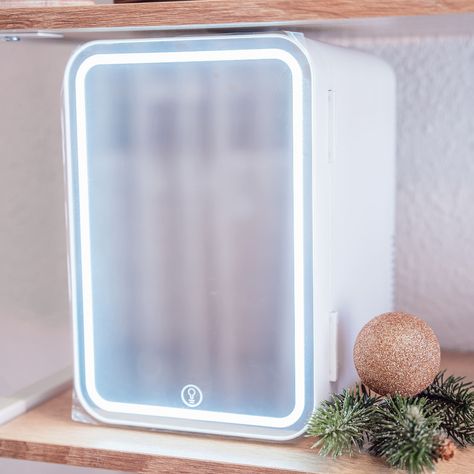 Skincare Mini Fridge with Mirror Self Care Fridge, Skincare Organization Fridge, Skincare Mini Fridge, Mini Fridge In Bedroom Aesthetic, Skincare Routine And Products, Mini Fridge In Bedroom, Mirror And Light, Preppy Birthday Gifts, Fridge Design