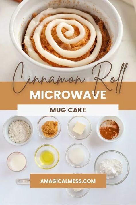 If you’re craving a cinnamon roll but don’t want to make a large batch, give this single-serve microwave cinnamon roll cake a try. With simple ingredients and a microwave-safe mug or dish, you will have a sweet treat in minutes.Even though this is a small cake, this cinnamon roll recipe is complete with a cinnamon swirl and cream cheese frosting. Be sure to save this recipe for the next time you want a quick coffee cake for one!     Cinnamon Roll in a Mug Recipe  As you can p… Microwave Cinnamon Roll, Mug Cinnamon Roll, Cinnamon Roll In A Mug, Cinnamon Roll Cake Recipe, Microwave Cake Recipe, Cinnamon Mug Cake, Roll Cake Recipe, Cinnamon Roll Muffins, Mug Cake Recipe