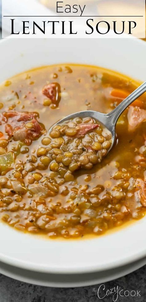 Bacon Lentil Soup Recipe, Lentil Soup With Ham, Lentil Soup Crockpot, Soup Stew Recipes, Soup Recipes Chicken, Homemade Lentil Soup, Ham And Lentil Soup, Potato Soup Recipes, Budwig Diet