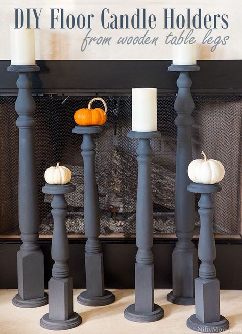 Table Legs Ideas Wooden Diy, Diy Floor Candle Holders, Diy Candle Stick Holder, Wooden Table Legs, Fall Mantel Decor, Spindle Crafts, Expensive Candles, Diy Candle Sticks, Mantel Decor Ideas