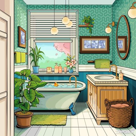 Bathroom Illustration Drawing, Porch Illustration, Toilet Drawing, Bathroom Drawing, Drawing Styles, Zen Colors, Adorable Homes Game, Decoration Styles, Isometric Art