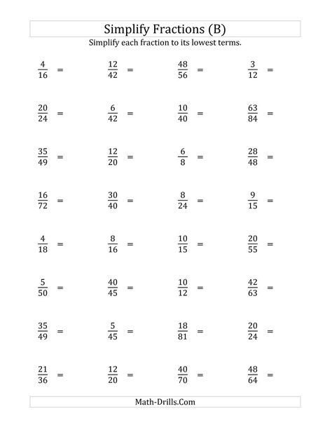 The Simplify Proper Fractions to Lowest Terms (Harder Version) (B) Math Worksheet from the Fractions Worksheets Page at Math-Drills.com. Free Fraction Worksheets, Simplest Form Fractions, Proportions Worksheet, Reducing Fractions, Math Fractions Worksheets, Proper Fractions, Simple Fractions, Fractions Multiplication, Simplifying Fractions