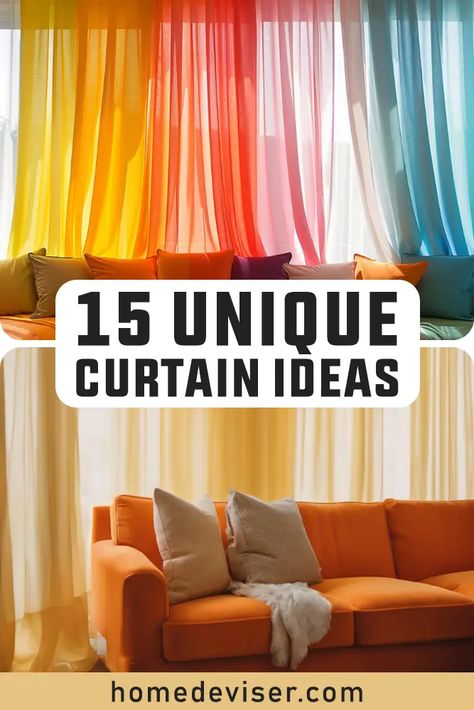 15 Unique Curtain Ideas for a Stylish Home - Home Deviser Sheer Panels Curtains Ideas, Boho Curtain Ideas For Living Room, Mixed Curtains In Living Room, Unique Curtain Ideas Creative, How To Decorate Curtains, Curtain Bedroom Aesthetic, Unique Curtains Living Room, Wall Curtain Ideas, Curtain Styles Living Room