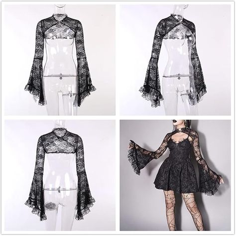 Goth Lace Shawls For Women Bolero Shrug Gothic Large Bell Sleeve Crop Top Flare Lace Sleeve Sheer Mesh Cardigan at Amazon Women’s Clothing store Goth Bolero, Goth Sleeves, Gothic Shawl, Gothic Fits, Bolero Outfit, Shrug For Women, Crop Shrug, Goth Crop Top, Mesh Bolero