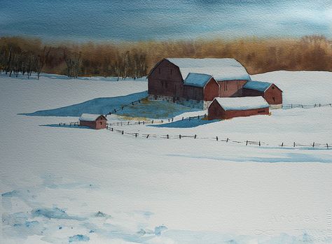 Country Winter Watercolor Snow Scenes, Red Barn Photos, Watercolor Snow, Snowy Field, Farmhouse Paintings, Mountain Huts, Winter Szenen, Winter Watercolor, Winter Wall Art