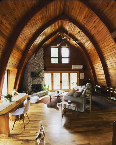 @archedcabin • Instagram photos and videos Gothic Arch Cabin, Arched Cabin Interior, Arch Cabins, Rustic Home Plans, Arched Cabins, Cottage Home Plans, Arched Roof, Timber Frame Home Plans, Arch Interior Design