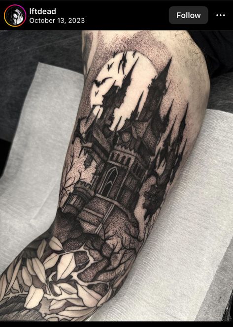 Draculas Castle Castlevania, Dracula Castlevania, Haunted House Tattoo, Dracula Tattoo, Colorful Sleeve Tattoos, Castle Tattoo, Wicked Tattoos, Witch Tattoo, Quality Quotes