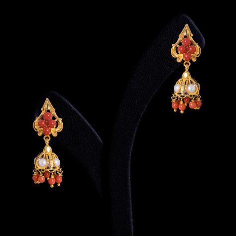 Eeshika Gold Jhumkas Buttalu Designs, Coral Earrings Gold, Vummidi Bangaru Jewellers, Gold Jhumkas, Earrings Kids, Coral Jewelry Set, Gold Jhumka Earrings, Gold Bridal Necklace, Gold Jewelry Outfits