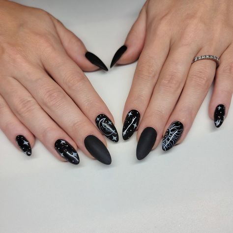 Black Medium Almond Nails, Black Witchy Nails Almond, Black Almond Shaped Nails, Witchy Nails Almond, Black Witchy Nails, Witchy Nail Art, Bridal Shower Nails, Short Almond Shaped Nails, Almond Shaped Nails Designs