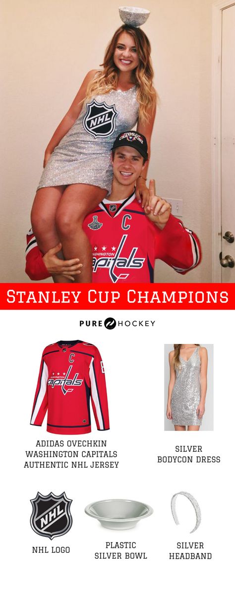 Washington Capitals Stanley Cup Champions Hockey Halloween Costume for Couples!   #Hockey #halloween #couples #halloweencostume #hockeyhalloween #nhl #stanleycup #coupleshalloween #washingtoncapitals #capitals Stanley Cup Costume, Hockey Halloween Costume, Hockey Player Costume, Halloween Costume For Couples, Costume For Couples, Cup Wallpaper, Hockey Game Outfit, Hockey Halloween, Halloween Couples