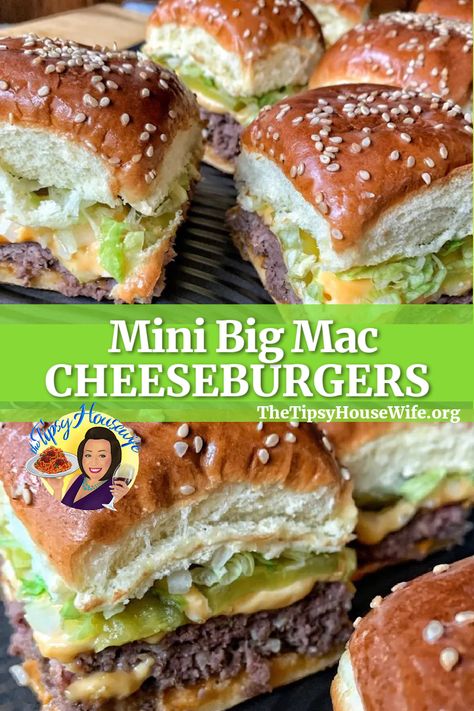 The photo shows delicious Big Mac-style burgers like McDonalds, but homemade. The brightly colored banner displays the name of the recipe, "Mini Big Mac Cheeseburgers." Copycat Big Mac, Sliders Recipes Hawaiian Rolls, Easy Slider Recipes, Dinner Noodles, Cheeseburger Recipe, Hamburger Meat, Slider Recipes, Recipes Quick, Beef Recipes Easy