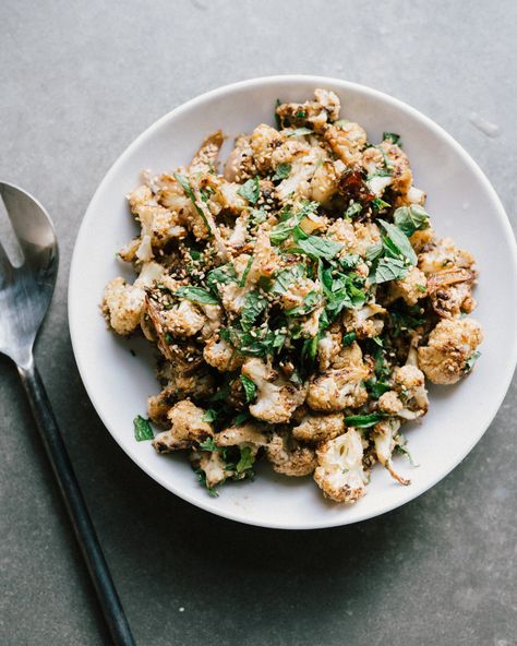 TAHINI GLAZED CAULIFLOWER — Sprouted Kitchen Sprouted Kitchen, Cauliflower Dishes, Lamb Meatballs, Vegetable Stew, Toasted Sesame Seeds, Food Journal, Roasted Cauliflower, Whole Foods, The Favorite