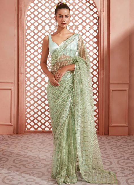 Designer Sarees Wedding Party Wear, Green Net Saree, Glitter Saree, Net Sarees, Sequins Saree, Netted Blouse Designs, Sequence Saree, Designer Sarees Wedding, Sequin Saree