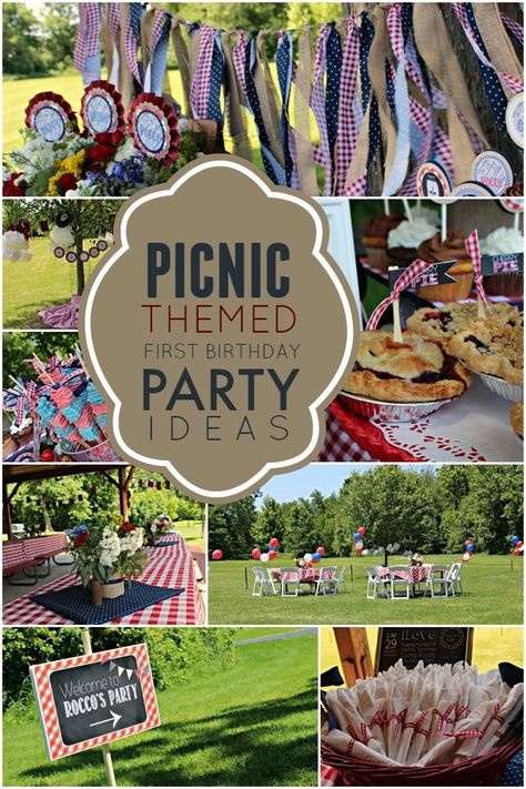 Picnic Themed Boy's First Birthday Party                                                                                                                                                                                 More Picnic Bday, Picnic Themed Parties, First Birthday Party Ideas, Themed Treats, Picnic Birthday Party, Themed 1st Birthday, Picnic Theme, Birthday Bbq, Picnic Birthday