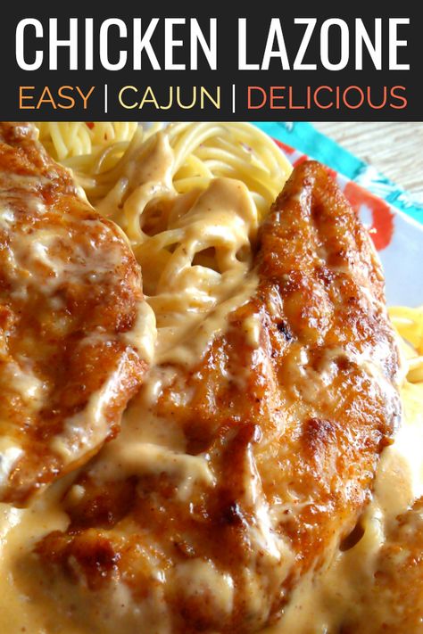 Chicken Lazone! An easy recipe with Cajun roots made with seasoned chicken pan-fried until golden in butter finished with an easy creamy pan sauce served over pasta. #chickenlazone #cajunpasta Louisiana Chicken Pasta, Chicken Lazone, Cajun Dishes, Cajun Creole Recipes, Pan Sauce, Seasoned Chicken, Cajun Cooking, Louisiana Recipes, Creole Recipes