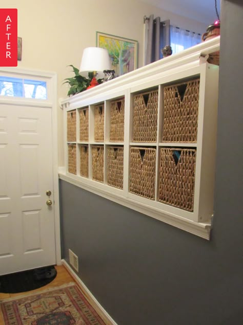 Before & After: From Balustrade to IKEA Built-In Storage | Apartment Therapy Small Split Level Entryway Ideas, Split Entry Remodel, Raised Ranch Remodel, Split Level Entryway, Holiday Entryway, Split Level Remodel, Split Entry, Ikea Built In, House Entry