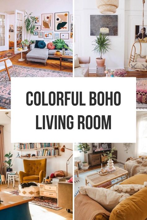 colorful boho living room pin 1 Apartments With Color, Bright But Cozy Living Room, Bright Vibrant Living Room, Fun Colorful Living Room Ideas, Boho Living Room With Carpet Floor, Scandi Eclectic Living Room, Bohemian Theme Living Room, Modern Farmhouse Living Room Colorful, Colorful Hygge Living Room