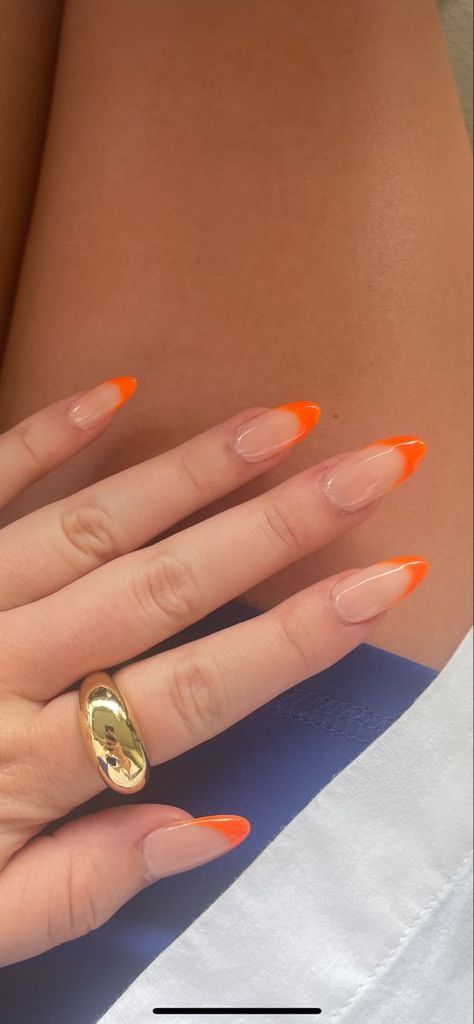 Cute Orange French Tip Nails, Orange French Nails Almond, Orange French Tip Chrome, Almond Shape Orange French Tip, Coffin Orange French Tip Nails, Orange French Tips, Orange Almond Nails, Simple Acrylic Nails, Prom Nails