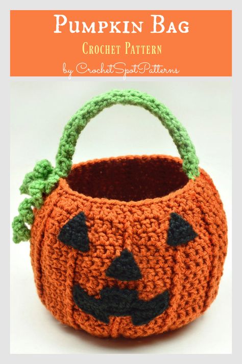 Crochet Halloween Bucket, Thanksgiving Amigurumi, Halloween Knit, Crochet Pumpkin Hat, Baskets Crochet, Dulces Halloween, Crochet Stocking, Treat Basket, Basket Crochet