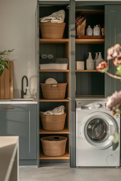 Discover 7 amazing laundry room pantry combo ideas that will brighten up your home and save you valuable space. Imagine a washroom where functionality meets organization, featuring stylish storage solutions and endless possibilities. From clever shelving tweaks to space-efficient cabinets, these ideas will help you transform your laundry space into a multitasking oasis. Upgrade your laundry room and pantry organization while maximizing every inch of your home. You won’t believe how easy it is to blend style and utility! Laundry Room Bin Storage, Pantry Laundry Closet Combo, Laundry Room With Cleaning Storage, Small Laundry Closets, Micro Laundry Room, Laundry Room Cabinet Storage Ideas, Laundry And Furnace Room Ideas, Pantry Washroom Combo, Laundry Room Into Pantry