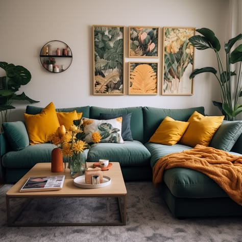 Yellow on green, it's a sunny scene—on a green sofa, it's positively serene!" 🛋️ Bask in the warm glow of our yellow cushions that brighten up any green sofa. ☀️ Find your sunshine at 👉 https://covermycushion.com/collections/yellow-cushion-covers 🍋 #CoverMyCushion #YellowOnGreen #GreenSofaSunshine #CushionCovers #HomeDecor #InteriorDesign #LivingRoomIdeas #SunnySpaces #SofaStatement #SoftFurnishings #HomeStyling #LivingRoomDecor #AccentCushions #BrightAndBeautiful Yellow Details Living Room, Green Couch Yellow Pillows, Green Sofa Accessories, Green Sofa Cushions Color Schemes, Green Yellow Orange Interior Design, Green Sofa Orange Cushions, Green Sofa Cushion Ideas, Green Yellow Brown Living Room, Yellow Sofa Aesthetic