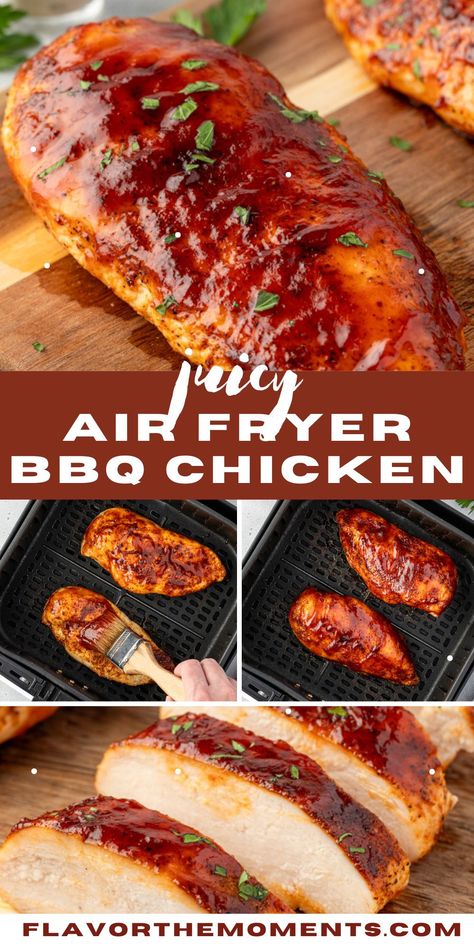 Air Fryer BBQ Chicken is juicy, flavorful and there's no need to fire up the grill! It takes just 5 minutes of prep time and includes cooking times for every cut of chicken! #airfryer #chicken #dinner Baked Air Fryer Chicken, Firecracker Chicken Air Fryer, Air Fryer Hunters Chicken, Chicken Breasts In The Air Fryer, Chicken Fillet Recipes Air Fryer, Bbq Chicken Air Fryer Recipes, Bbq Chicken Air Fryer, Air Fryer Barbecue Chicken, Air Fryer Bbq Chicken Breast