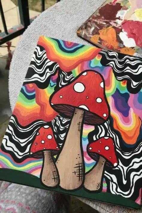 Mushroom Canvas Painting, Mushroom Acrylic Painting, Trippy Mushroom Painting, Snail Mushroom, Mushroom Canvas, Arte Hippy, Posca Paint Pens, Doodle Pencil, Mushroom Painting