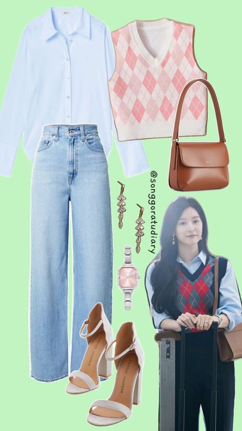 Hong Hae In Kim Ji Won Queen of Tears KDrama Inspired Outfit Sweater Vest Casual OOTD Outfit Sweater Vest, Modest Girly Outfits, Smart Casual Women Outfits, Capsule Wardrobe Casual, Outfit Korean Style, Smart Casual Women, Casual Ootd, Kim Ji Won, Everyday Fashion Outfits