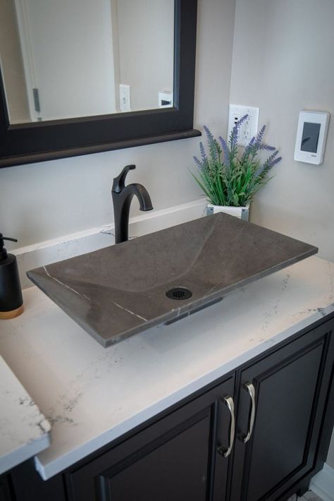 Fancy Sink, Pietra Grey Marble, Low Vase, Stone Bathroom Sink, Rectangular Vessel Sink, Unique Sinks, Mirror Decor Ideas, Bathroom Sink Design, Floating Sink