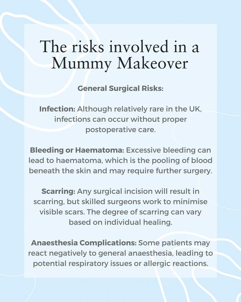 How safe is a Mummy Makeover procedure? 💉 We have put this introductory guide together for those considering having a Mummy Makeover ⭐️ If you have any further questions: 📞 0207 993 4848 📧 contact@centreforsurgery.com 📍 95-97 Baker Street, Marylebone, London W1U 6RN Start your confidence journey today with CFS #abdominoplasty #breastaugmentation #harleystreet #breastreduction #marylebone #marylebonevillage #cosmeticsurgerylondon #weightlossclinic #doctorledclinic #liposuction #christma... Mummy Makeover, Marylebone London, General Anaesthesia, Breast Reduction, Breast Augmentation, Allergic Reaction, Baker Street, Cosmetic Surgery, Respiratory