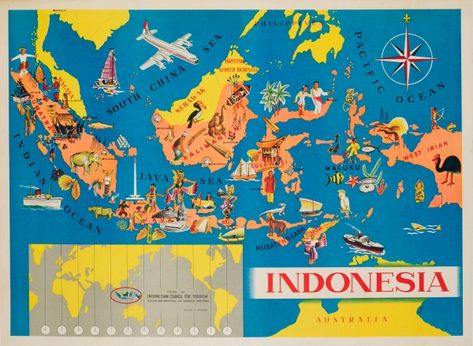 Indonesia Pictorial Map Indonesia / 1950s / Travel Posters / Hasto / 54x74 Original vintage travel advertising issued by the… / MAD on Collections - Browse and find over 10,000 categories of collectables from around the world - antiques, stamps, coins, memorabilia, art, bottles, jewellery, furniture, medals, toys and more at madoncollections.com. Free to view - Free to Register - Visit today. #Posters #Travel #MADonCollections #MADonC Posters Movie, Travel Advertising, Vintage Music Posters, Pictorial Maps, Tourism Poster, Indonesian Art, Ski Posters, Tourist Map, Animal Doodles