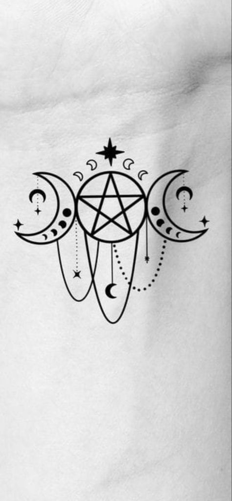 Witchy Rib Tattoo, Chest Tattoos For Women Sternum, Small Pentagram Tattoo, Witchy Lower Back Tattoos, Witchy Underbust Tattoo Ideas, Witchy Collar Bone Tattoo, Moon Sternum Tattoo Women, Gothic Stomach Tattoo, Pentagram Tattoo Design