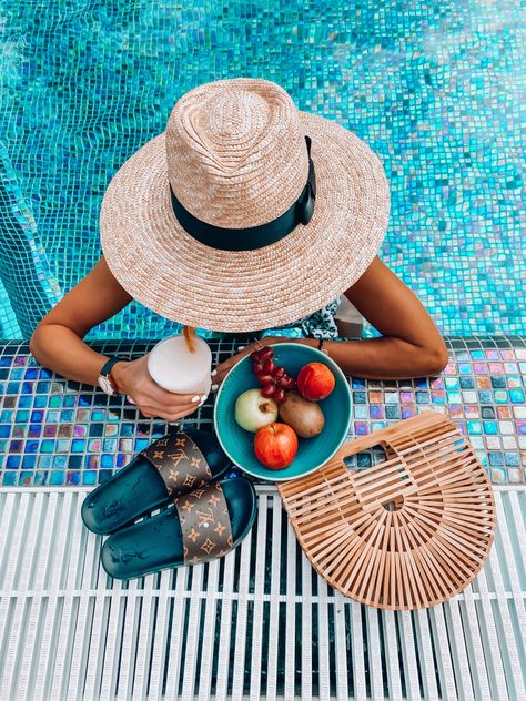 Poolside everything you need for the pool Summer Pool Photography, Pool Shoot, Pool Moodboard, By The Pool Aesthetic, Poolside Photoshoot, Poolside Vibes, Pool Lifestyle Photography, Pool Side Aesthetic, Pool Vibes