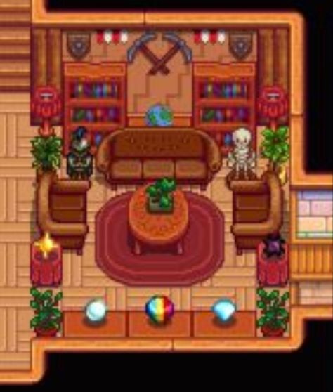 Stardew Living Room, Stardew Living Room Ideas, Stardew Valley Corner Room, Stardew House, House Decor Stardew Valley, Storage Room Stardew Valley, Bedroom Design Stardew Valley, Stardew Valley Living Room, Stardew Valley House Interior Retro