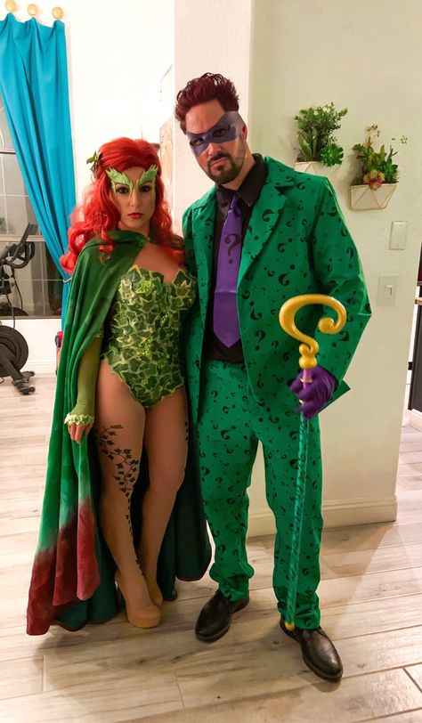 Poison Ivy & Riddler halloween costume Poison Ivy Family Costume, Poison Ivy And Riddler Couples Costume, Poison Ivy And Batman Couple Costume, Batman Poison Ivy Costume, Poison Ivy Halloween Costume Couples, Green Ivy Halloween Costume, Poison Ivy And Batman Costume, Poison Ivy And Riddler Costume, The Riddler Halloween Costume