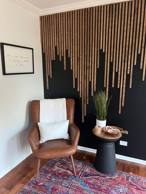 Office design for the DIYers Accent Wall Cafe, Wood Slat Wall Art, Wave Accent Wall, Black Wall With Wood Slats, Slat Wall Office, Brown Accent Wall, Wood Wall Design, Hallway Ideas Entrance Interior Design, Office Wall Design