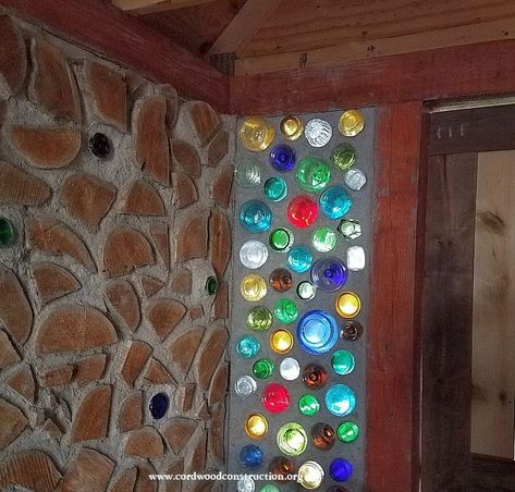 Bottle Bricks, Cordwood Construction, Stairs Steel, Under Stair Storage, Cordwood Homes, Design Stairs, Wine Bottle Wall, Earth Bag Homes, Cord Wood