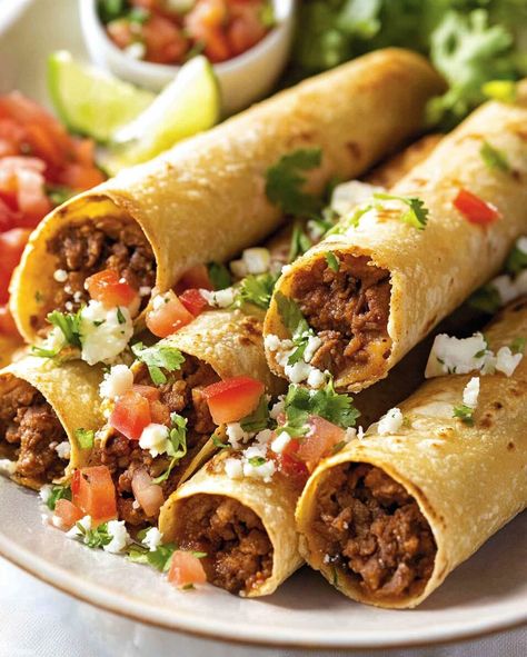 Carne Asada Taquitos, Oven Flautas, Rolled Taquitos, Baked Beef Taquitos, Easy Taquitos, Beef Taquitos Recipe, Beef Flautas, Homemade Taquitos, Beef Taquitos