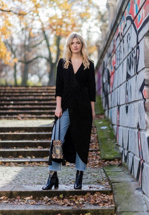 Layer your dark wrap dress over jeans and complete with heeled booties. Black Shirt Dress Outfit, Long Black Shirt Dress, Long Black Shirt, Black Shirt Outfits, Dress Layering, Dress Over Jeans, Fashion Me Now, Dress Over Pants, Casual Attire For Women