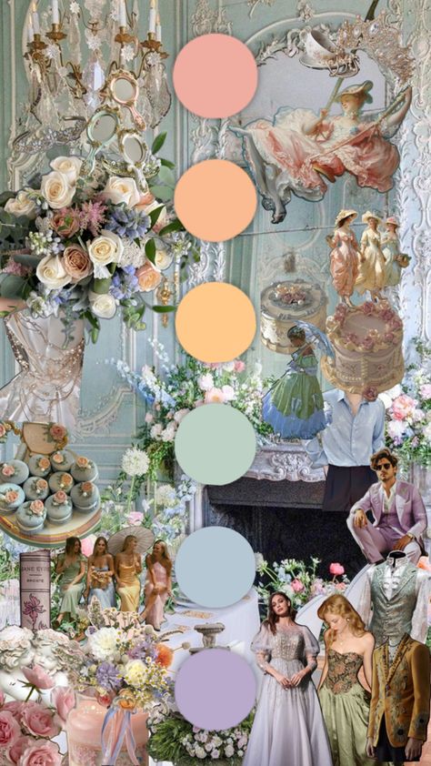 Rococo Color Palette, Muted Pastel Wedding, Pastel Color Palette Wedding, Baroque Wedding, Rococo Art, Spring Color Palette, April Wedding, Princess Core, Muted Color Palette