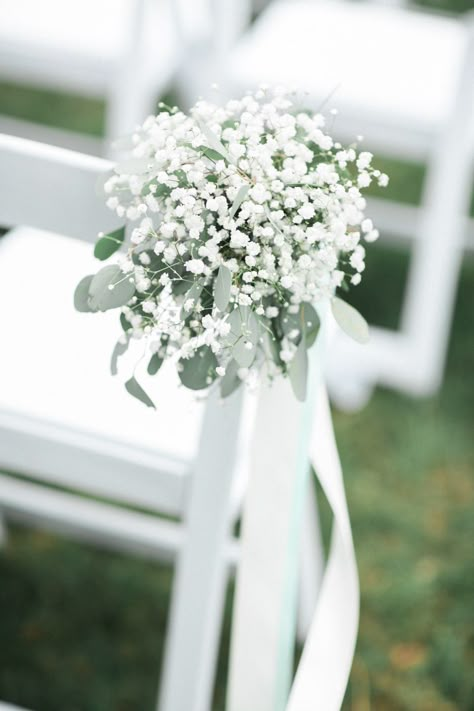 Wedding Aisle Seat Flowers, Wedding Ceremony Chair Flowers, Outdoor Wedding Chair Decorations, Baby Breath Down The Aisle, Baby’s Breath Aisle Decor, Gypsophila Chair Ends, Bridal Chair Decorations, Outdoor Wedding Chairs, Wedding Alter Flowers