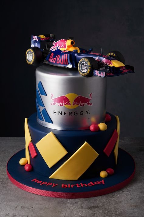 Make His Birthday Thrilling with a Red Bull F1 Themed Cake F1 Cupcakes, Pastel F1, Red Bull Cake, Rory Birthday, F1 Cake, Racing Cake, Sports Cakes, 1st Birthday Cupcakes, Formula 1 Race