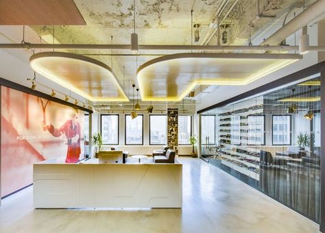 Fila Headquarters Open Working Space, Fashion Design Office, Stainless Steel Subway Tile, Design Office Interior, Space Clothes, Glass Bifold Doors, Company Office, Tea Lounge, New York Office