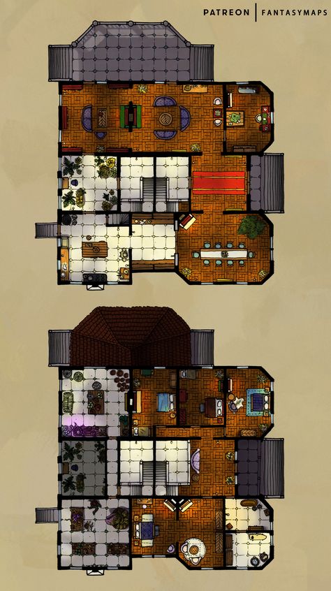 Along with a number of various living spaces the building also features an office room on the first floor where the upcoming expeditions for rare plants are planned, as well as a number of study and storage rooms where possible new practical applications of these plants are being discovered. Tags: #DnD #dnd5e #tabletop #rpg #ttrpg #dndmaps #dndmap #battlemaps #battlemap #roll20 #fantasy #fantasymaps #rpgmaps #rpgmap #map #maps #cartography #keep #castle #tower #garden #plants #trees Dnd Keep Map, Spelljammer Maps, D&d Online, Dnd World Map, Battle Map, Fantasy Maps, Dnd Maps, Castle Tower, Rpg Maps