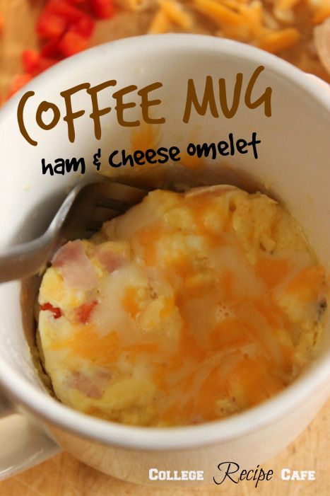 Coffee Mug Ham and Cheese Omelet: Eat as is or put on a bagel for a sandwich on the go!   -   Cost $1.55 to make! Breakfast In A Mug, Microwave Omelet, Ham And Cheese Omelette, Toasted Bagel, Microwave Mug Recipes, Easy Microwave Recipes, Cheese Omelet, Hot Breakfast, Healthy Meals For One